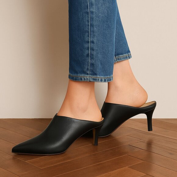 Banana Republic SZ 9 Black Leather Mid-Heel Mules – Pointed Toe Slip-On NEW - Picture 1 of 9